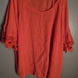 Women’s Red Crochet Sleeve Scoop Neck Top